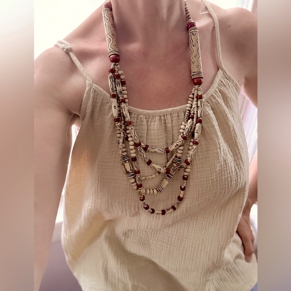 Ethnic /tribal wood and bone carved, beaded necklace
